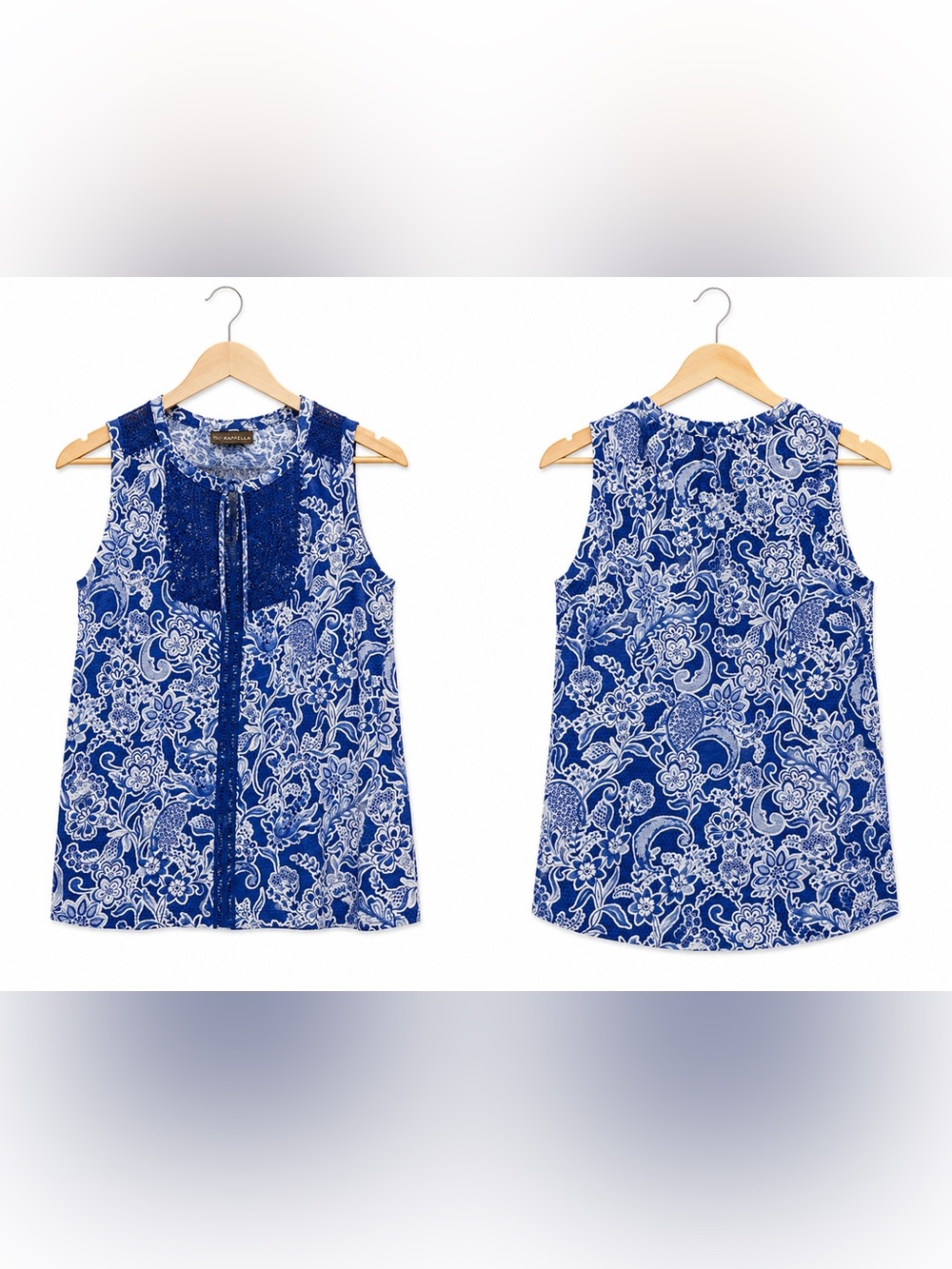 Women’s Rafaella Blue White Floral Sleeveless Top Medium Crochet Lace Blouse